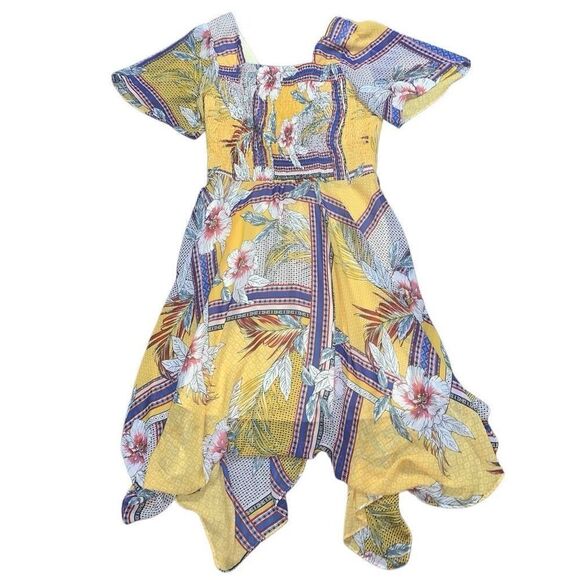Rabbit Rabbit Rabbit Womens 12 Midi Dress Yellow Blue Smocked Bodice Hanky‎ Hem - Picture 1 of 8